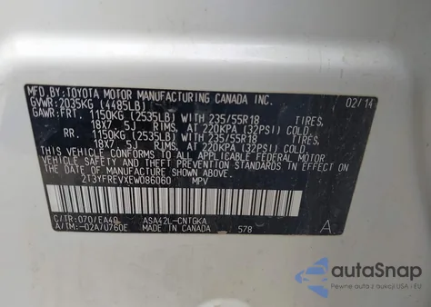 2014 Toyota Rav4 Limited z USA, uszkodzony, nr VIN 2T3YFREVXEW086060